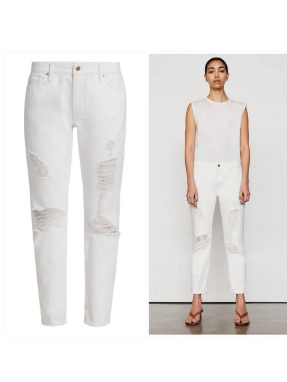 FRAME Le Garçon white Rumpled Blanc Rips mid rise distressed jeans size 27